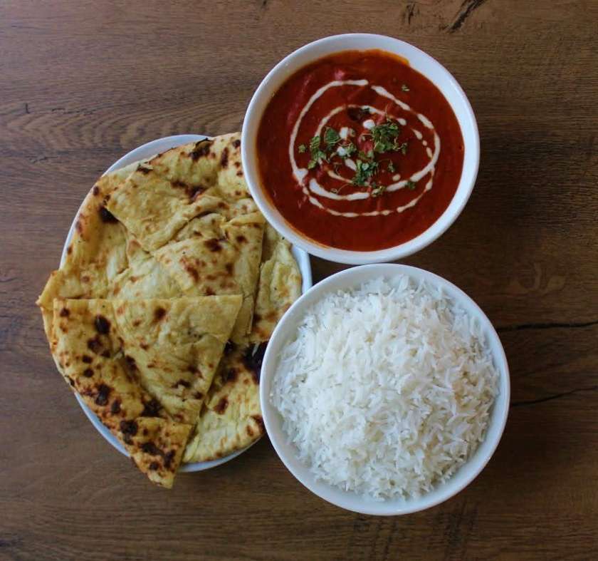 Butter chicken + rice + cheese naan