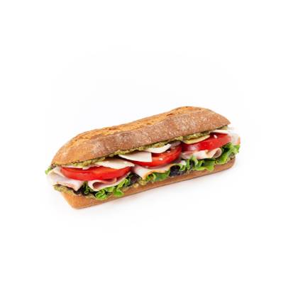 Baguette with porchetta, pesto and tomatoes