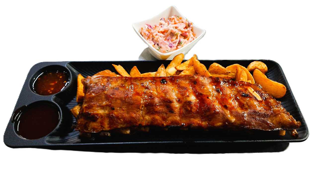 Pork Ribs with Golden Potatoes and Coleslaw