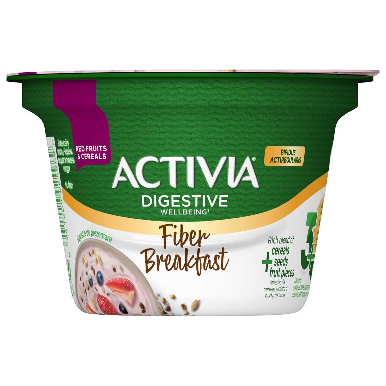 Activia Mic Dejun Fibre, Iaurt cu Fructe Rosii, Cereale si Seminte, 170 g (expiră în curând)