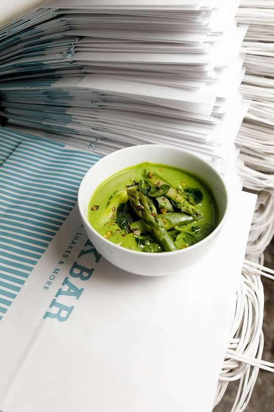 Soup with asparagus and green peas