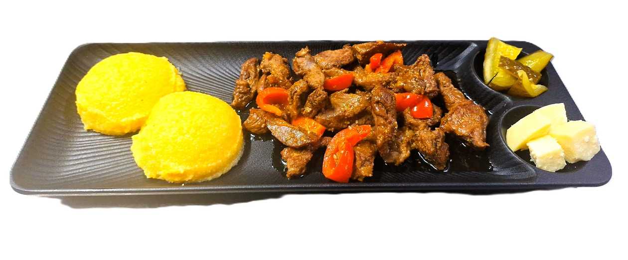 Pastrama Pan-fried with Bellows, Polenta and Pickles