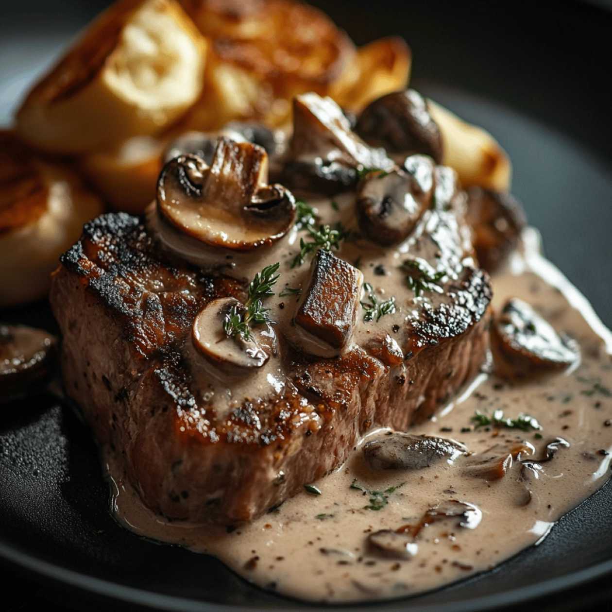 Hovězí roštěná na grilu doplněná jemnou omáčkou dle výběru - Smetanová houbová, smetanová pepřová, nebo bluecheese ( 300g ) - Rozvoz