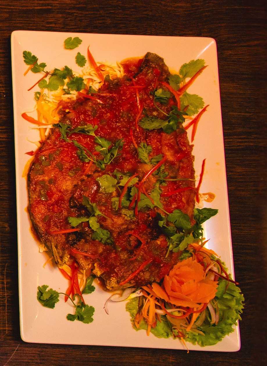 * * DEEP FRIED STRIP BASS WITH SWEET AND SOUR SAUCE
