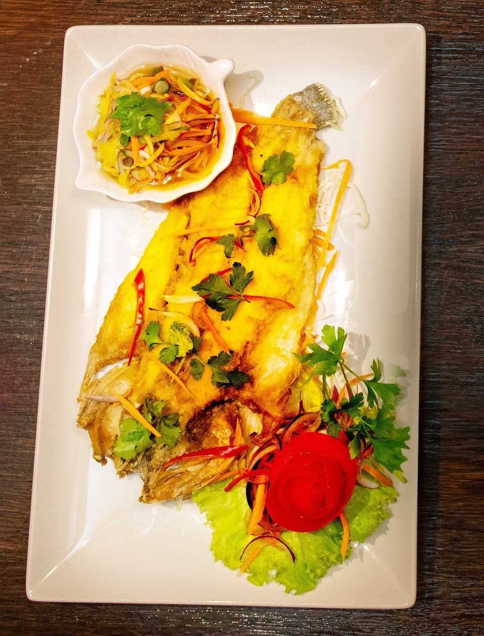 * * DEEP FRIED STRIPED BASS WITH MANGO SALAD