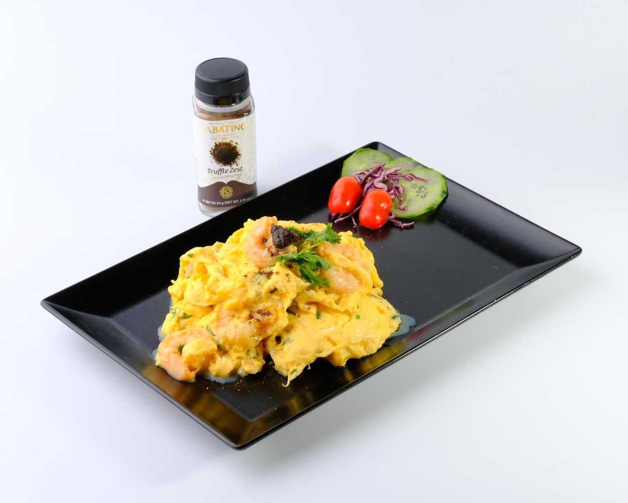 102. Shrimp and Eggs with Black Truffle Salt