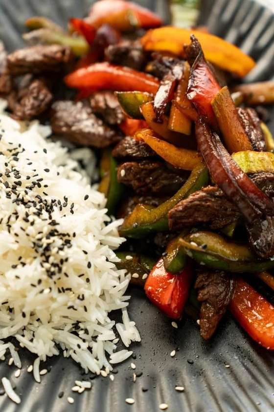 Beef wok with vegetables and basmati rice