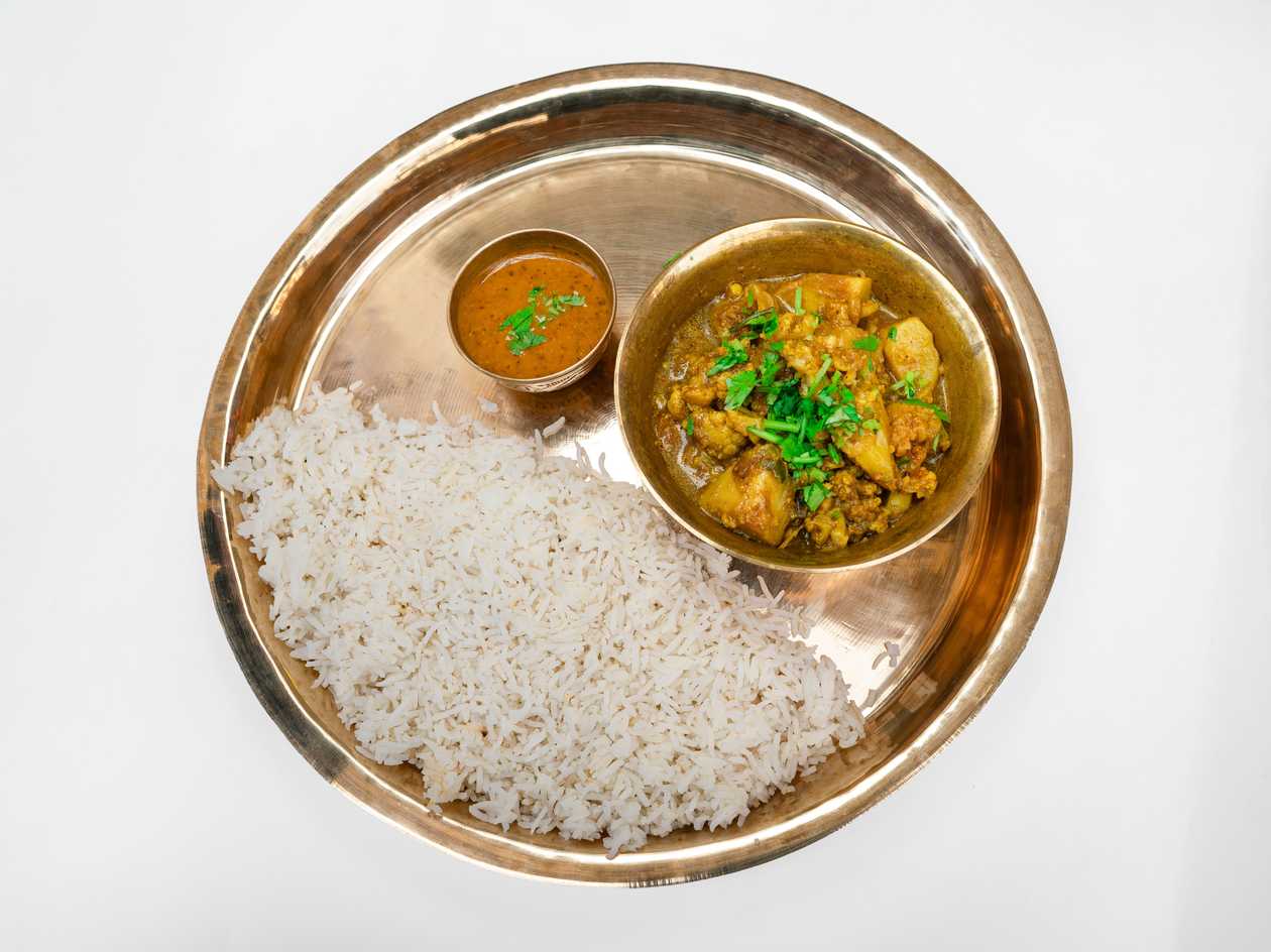 Special Rice (Ghee) with Soya Tofu cooked with Himalayan herbs + special tomato aachar
