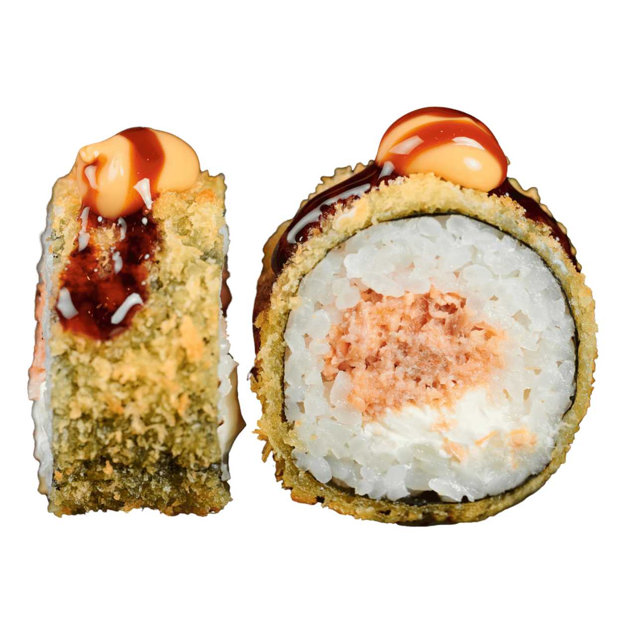Hot sushi with fried salmon