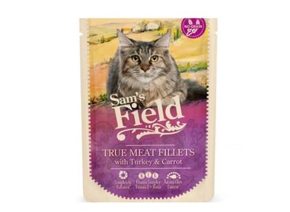 SAM'S FIELD True Meat Fillets, Turkey and Carrot, grain-free wet food pouch for cats, (in sauce), 85g