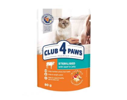CLUB 4 PAWS Wet food pouch for sterilized adult cats, Beef in jelly, 80g