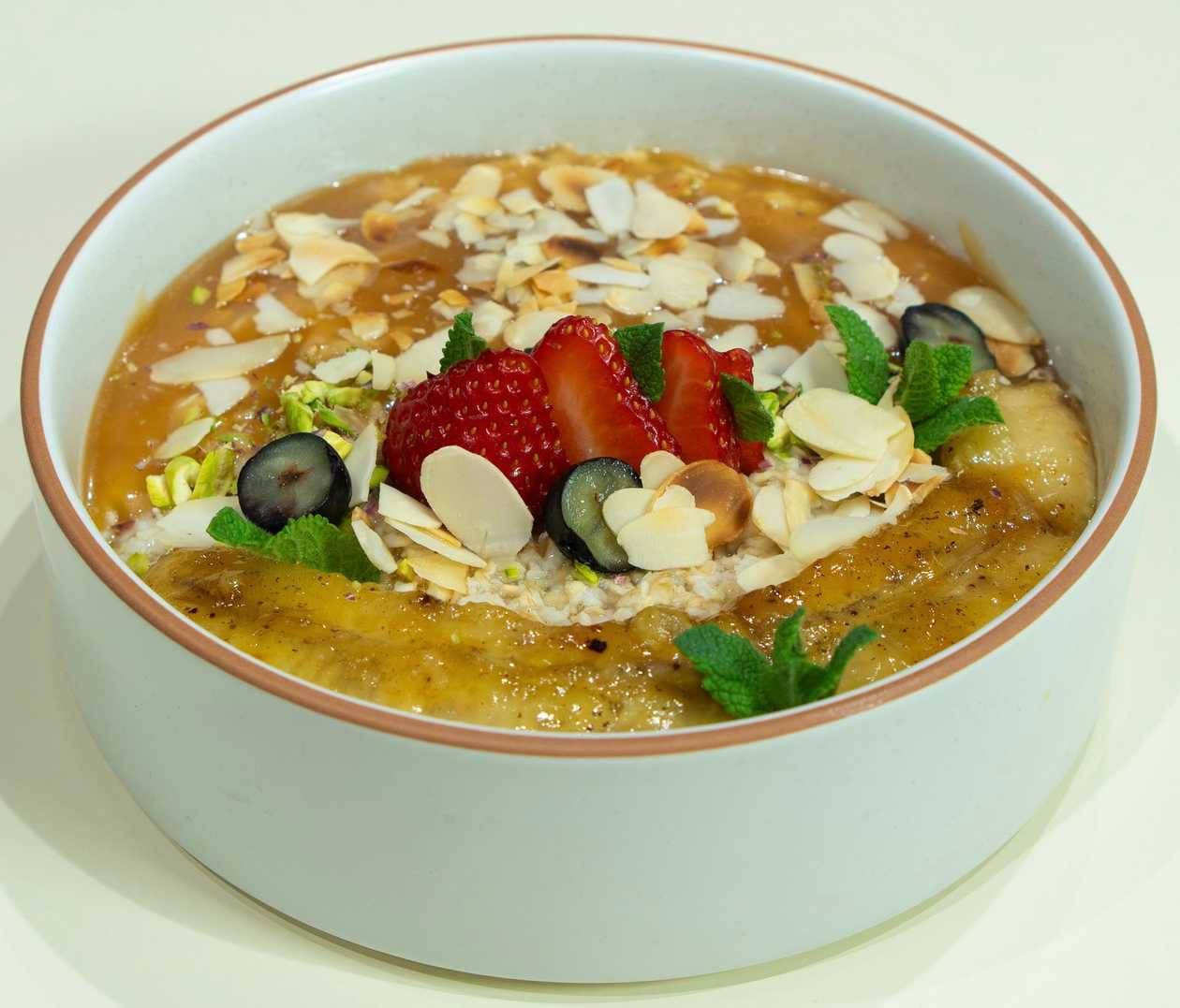 Sweet Oatmeal with Salted Caramel, Banana and Walnuts