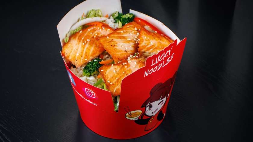 Grilled Salmon, Rice with Vegetables and Teriyaki Sauce