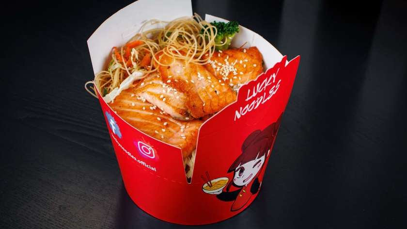 Grilled Salmon with Rice Noodles and Teriyaki Sauce