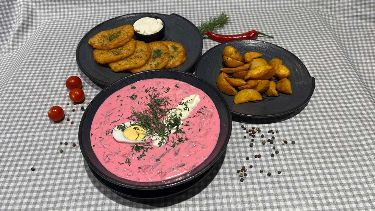 Cold borscht with fried potatoes,potato pancakes