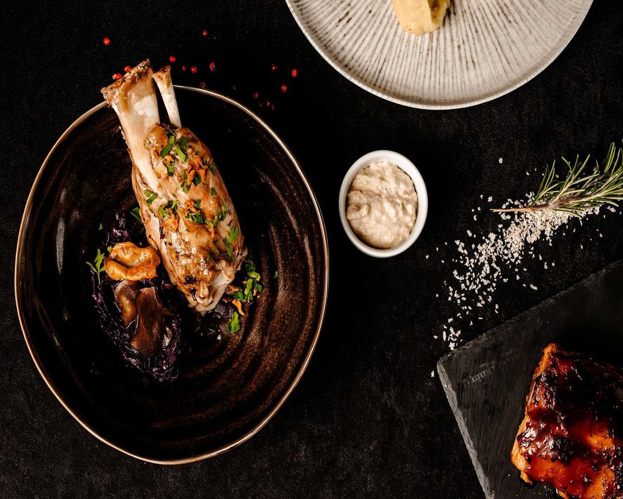 Pork Shank with Red Cabbage and Horseradish Cream