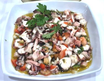 Octopus Salad with cornbread toasts