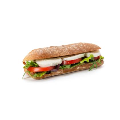 Baguette with mozzarella di bufala, pesto and tomatoes