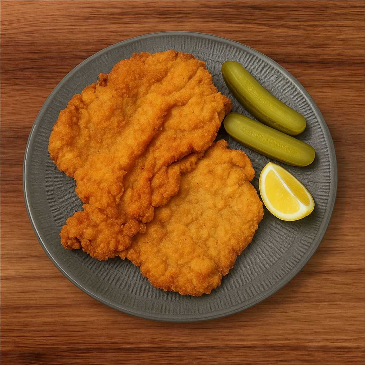 Maxi vepřový řízek smažený na sádle, servírovaný s nakládanou okurkou a citronem ( 250g ) - Rozvoz