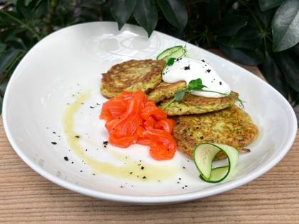 Zucchini pancakes with salmon and cream cheese mousse