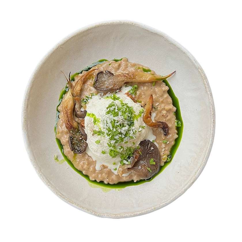 Turkey with pearl barley and cheese mousse