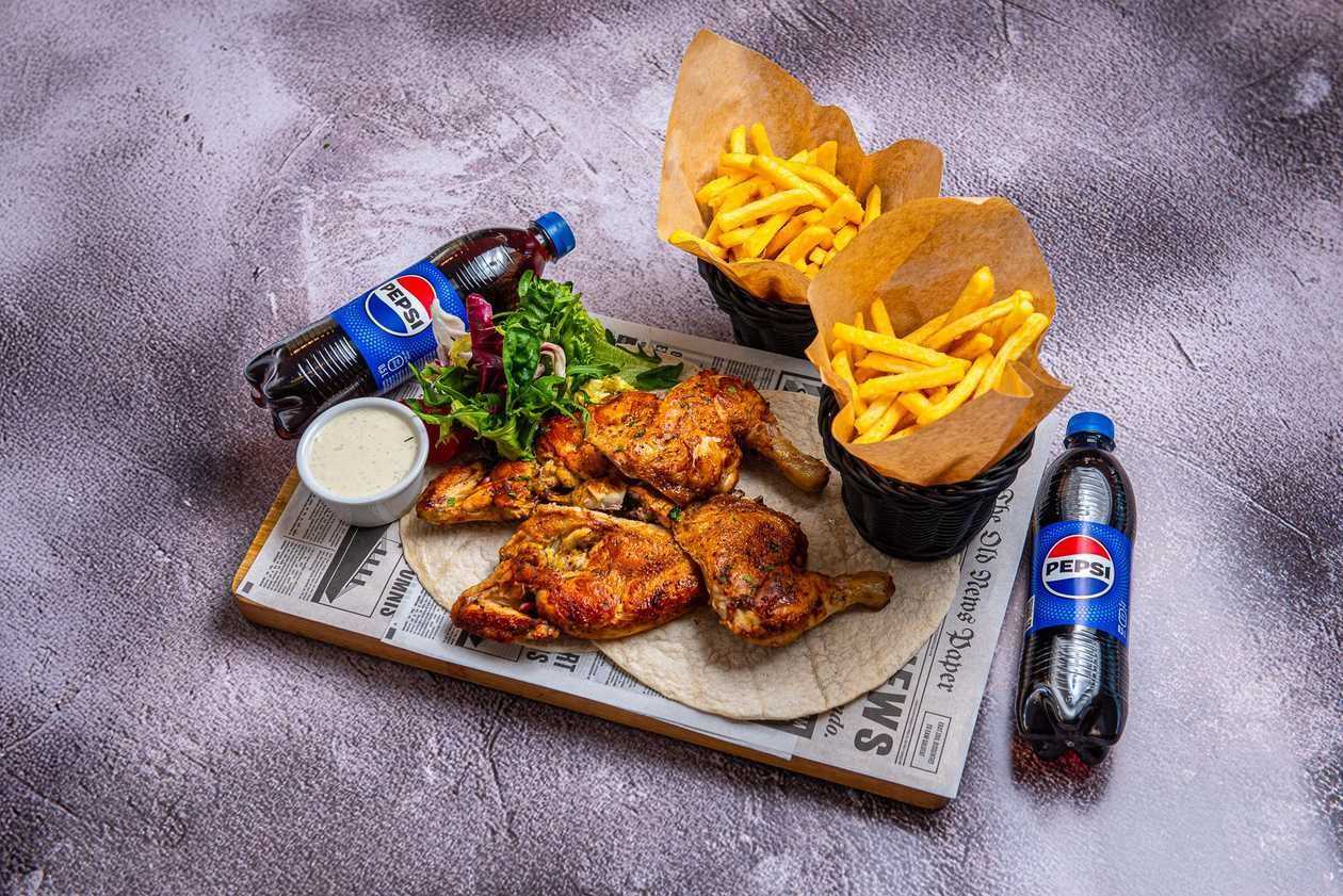 Цыплёнок табака на двоих + 2 фри картошки + 2 пепси 0,5л