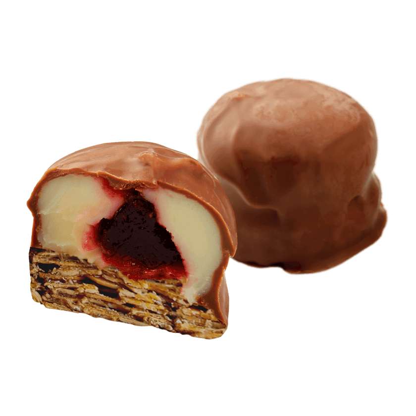 Florentines with raspberry puree and milk chocolate coating