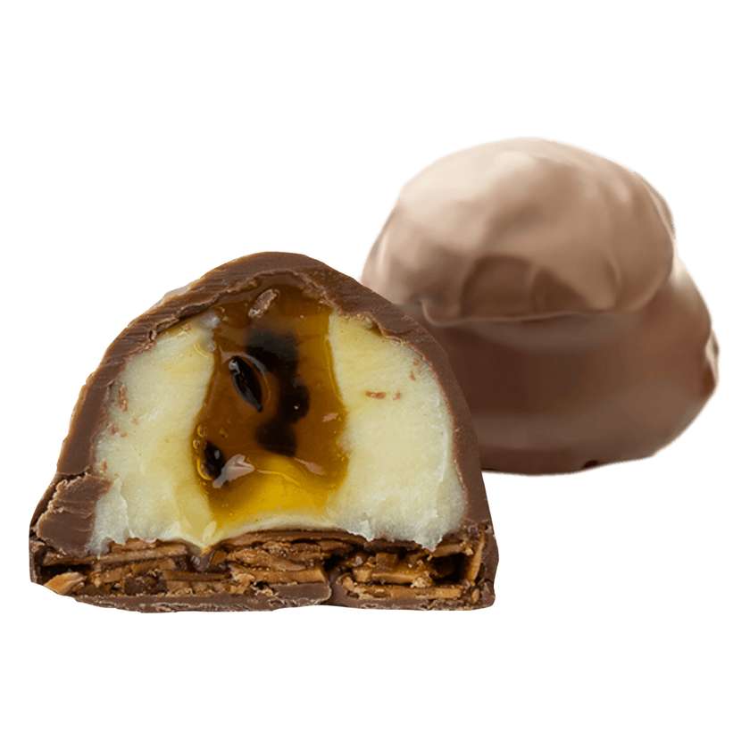 Florentines with passion fruit puree and milk chocolate coating
