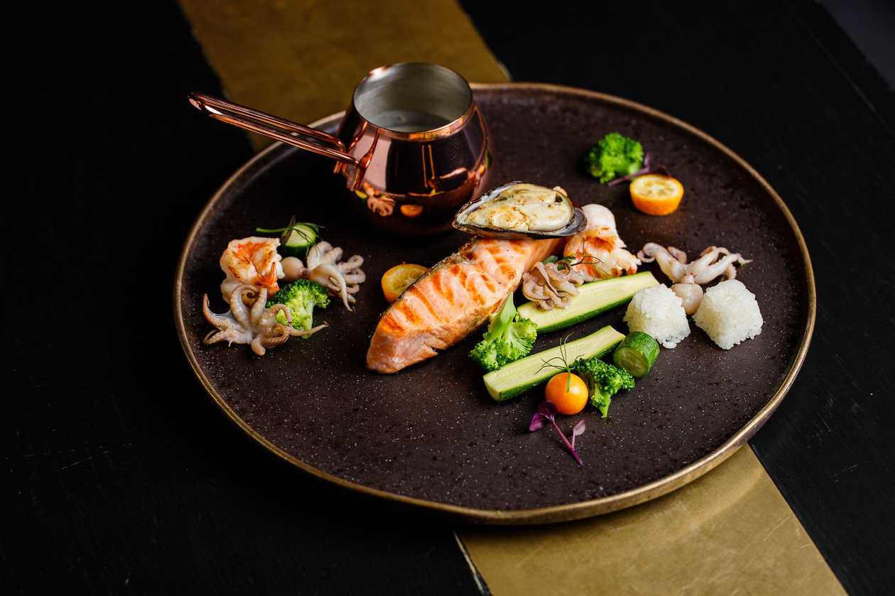 Grilled Salmon Fillet with Seafood