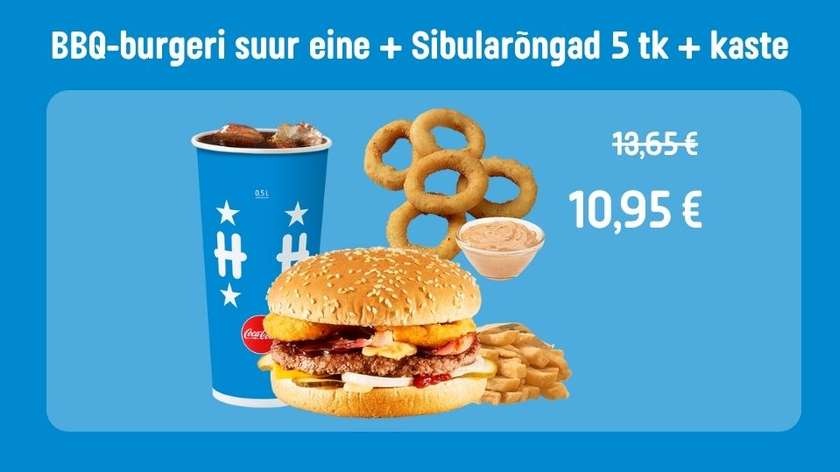 BBQ-burgeri suur eine + Sibularõngad 5 tk + kaste