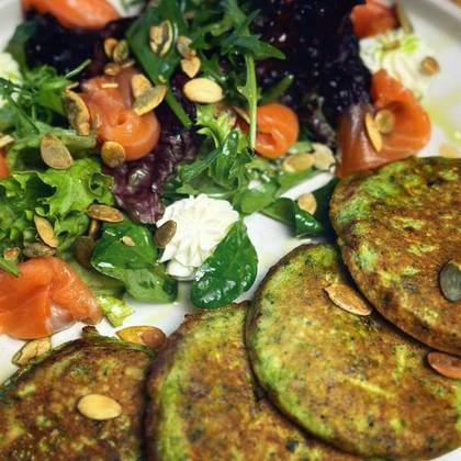 Zucchini and Spinach Pancakes with Salmon