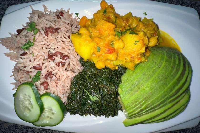 Ital Vibes Jamaican Coconut Curry Chickpea Meal -Rice & Peas , Callaloo Greens