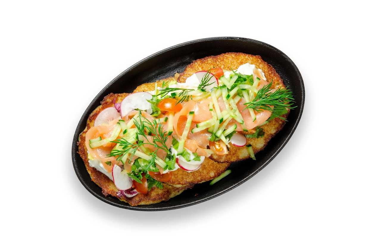 Potato pancakes with salmon and goat cheese cream