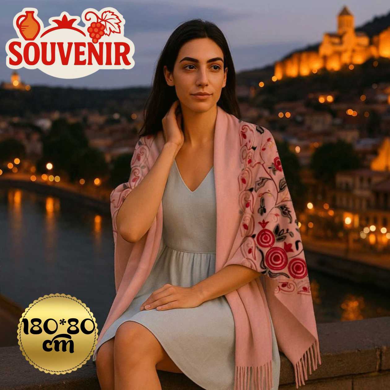 Cashmere women scarf souvenir "Pomegranate embroidery" pink