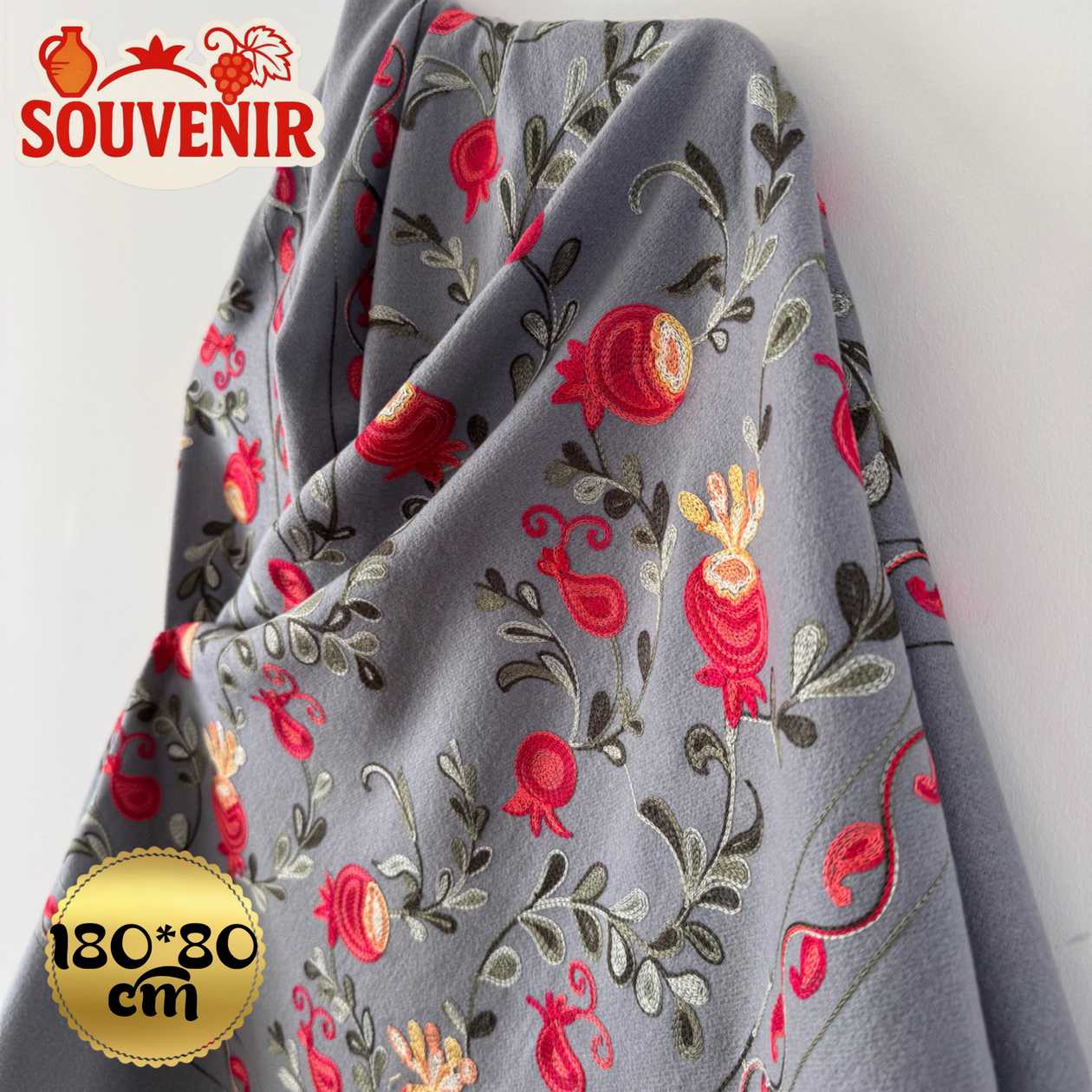 Cashmere scarf souvenir "Pomegranate embroidery" warm grey