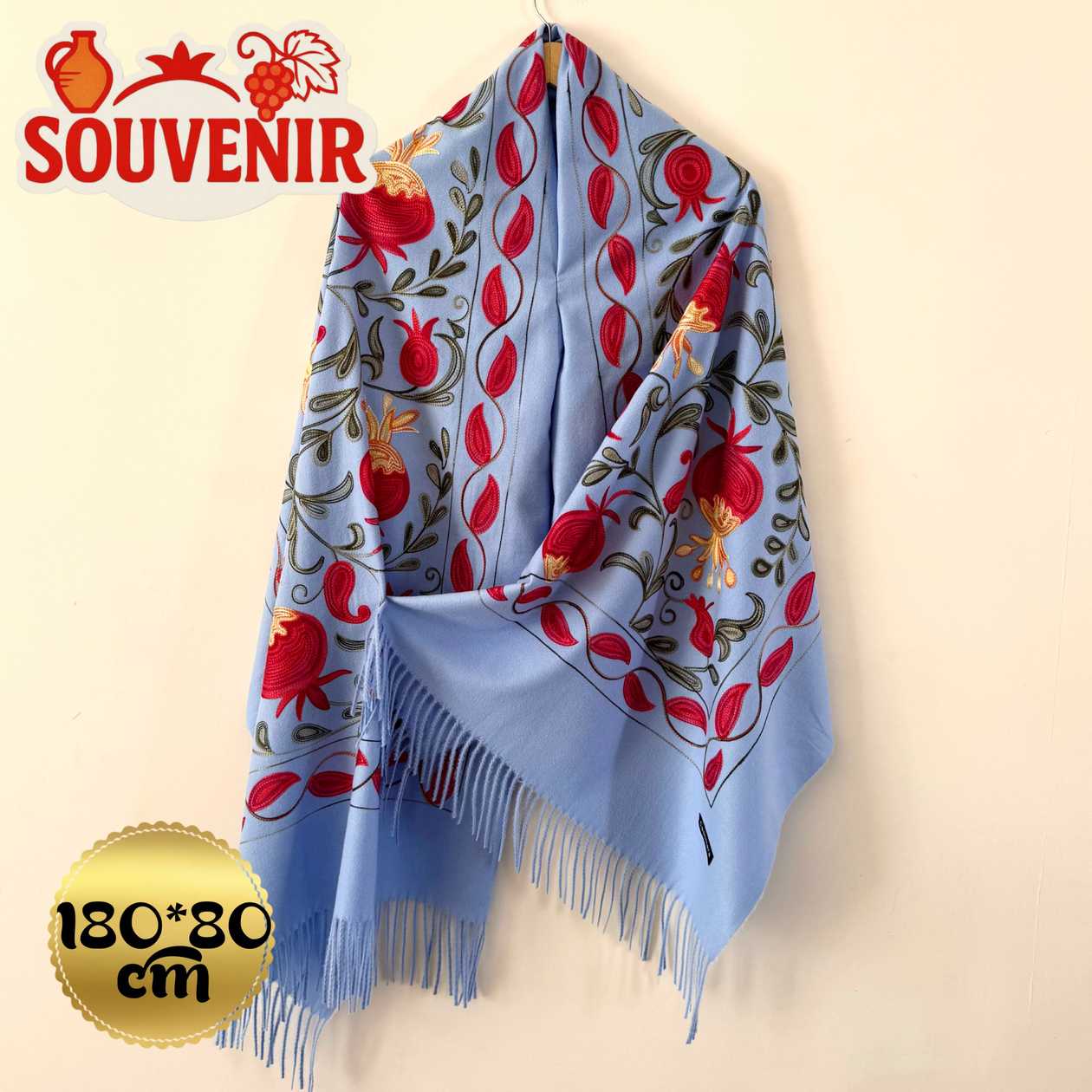 Cashmere scarf souvenir "Pomegranate embroidery" blue