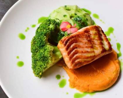 Salmon with sweet potato cream and Parmesan foam