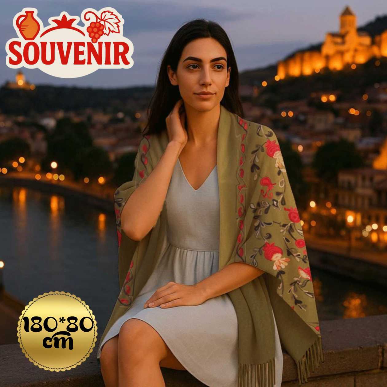Cashmere scarf souvenir "Georgian Pomegranate embroidery" olive