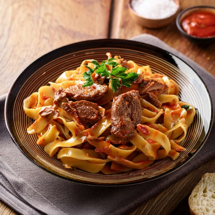 Noodles with duck in chili sauce