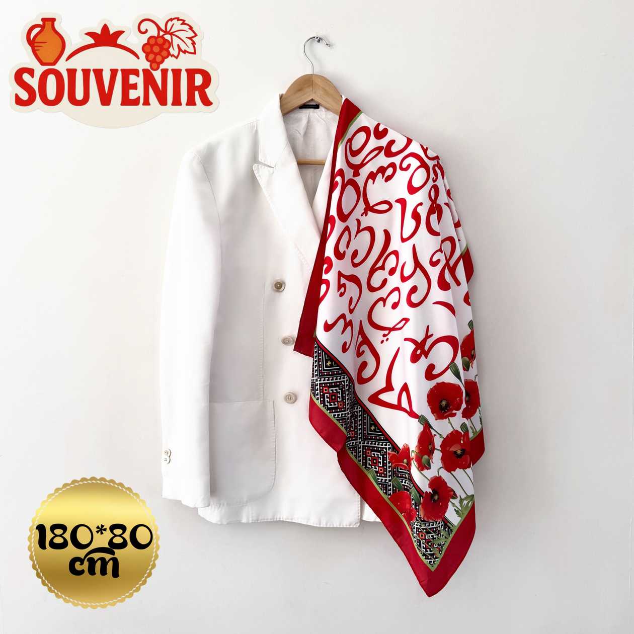 Chiffon women shawl souvenir "Georgian Alphabet" red flowers