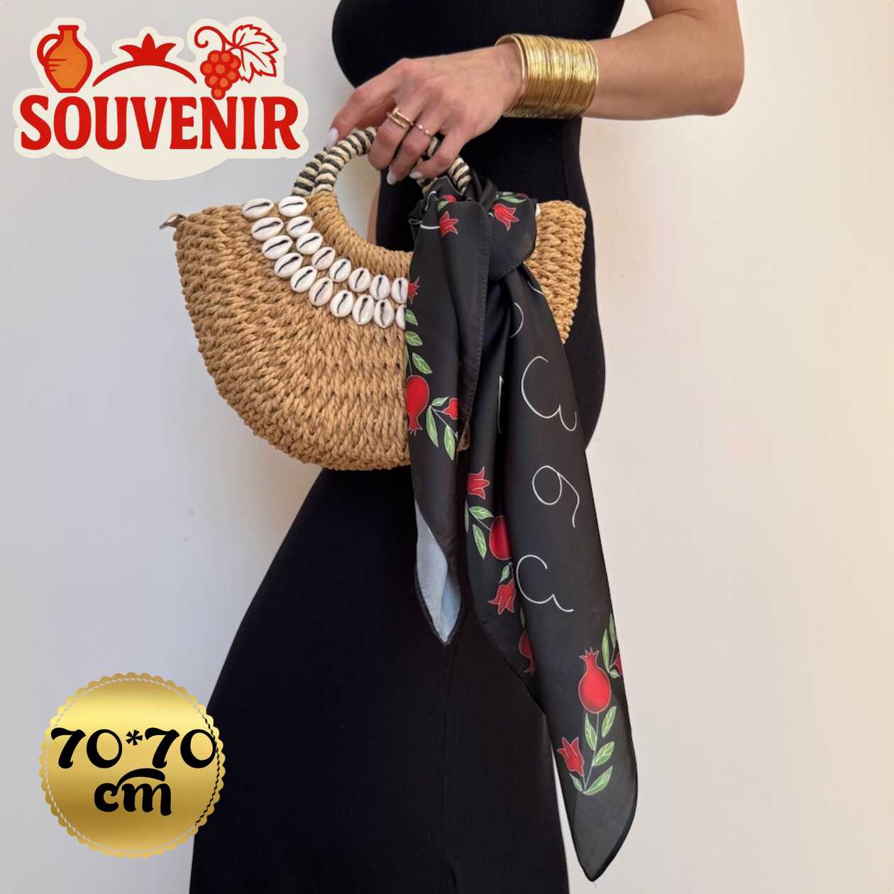 Chiffon scarf souvenir "Georgian Alphabet" black and red flowers