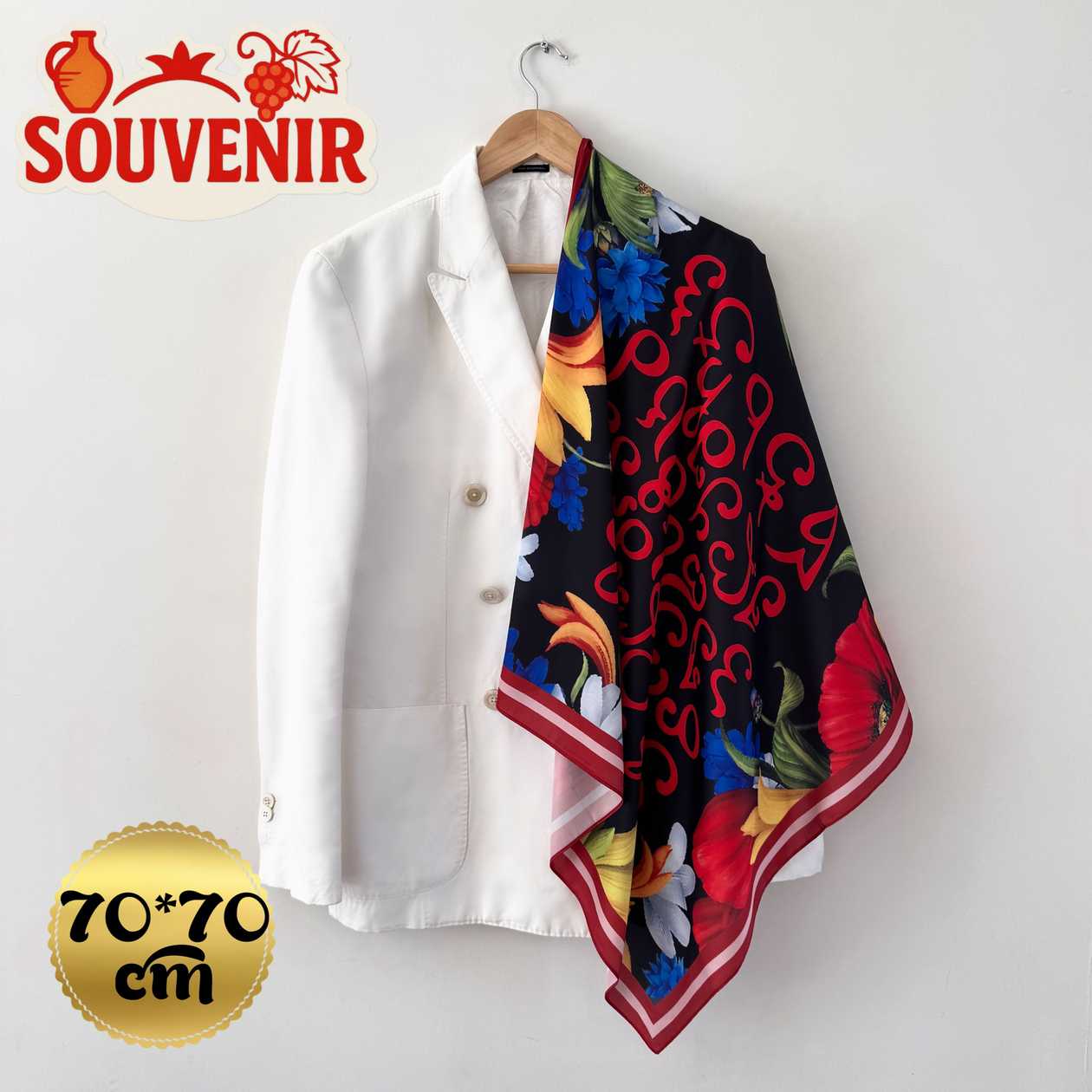 Chiffon Georgian shawl souvenir "Mhedruli and flowers" gift