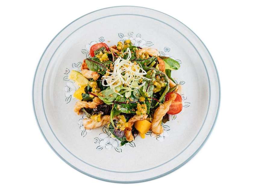 salad with langoustine, mango and kimchi sauce
