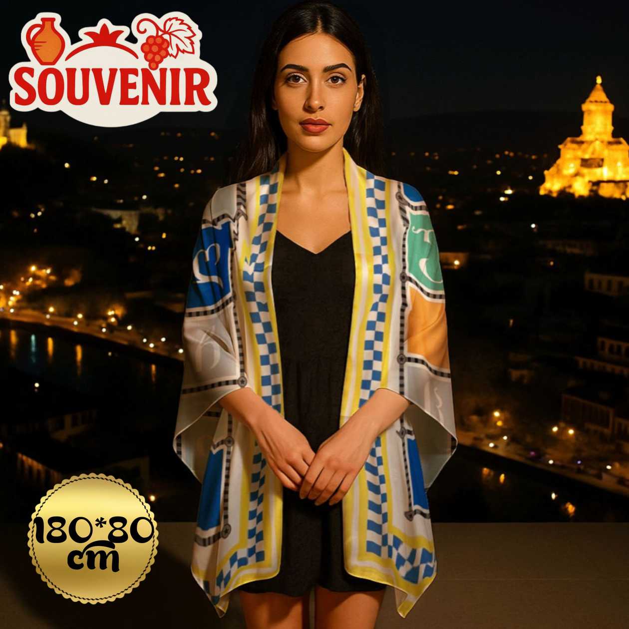 Satin scarf souvenir "Georgian alphabet" mkhedruli pastel colors