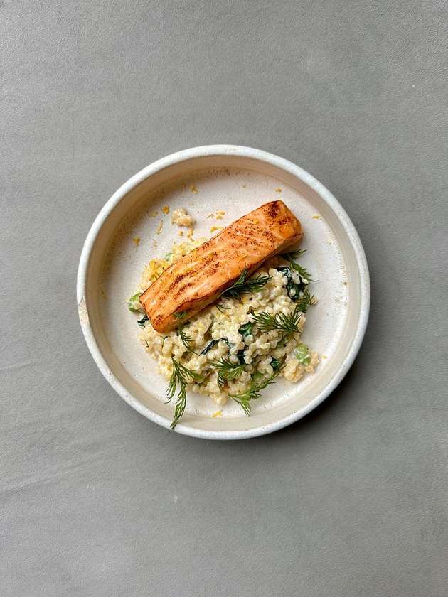 Grilled salmon with ptitim