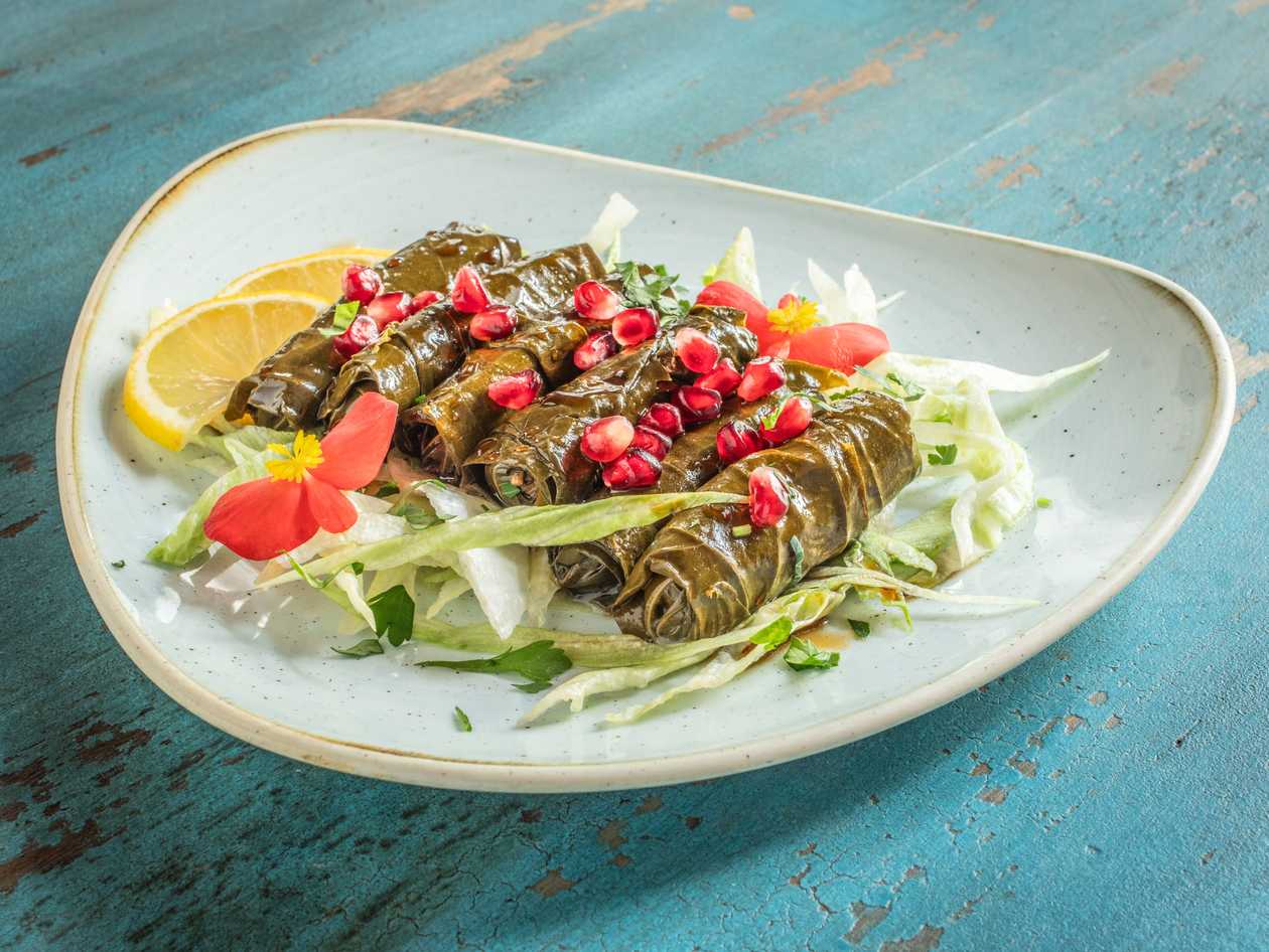 Stuffed cabbage rolls in grape leaves