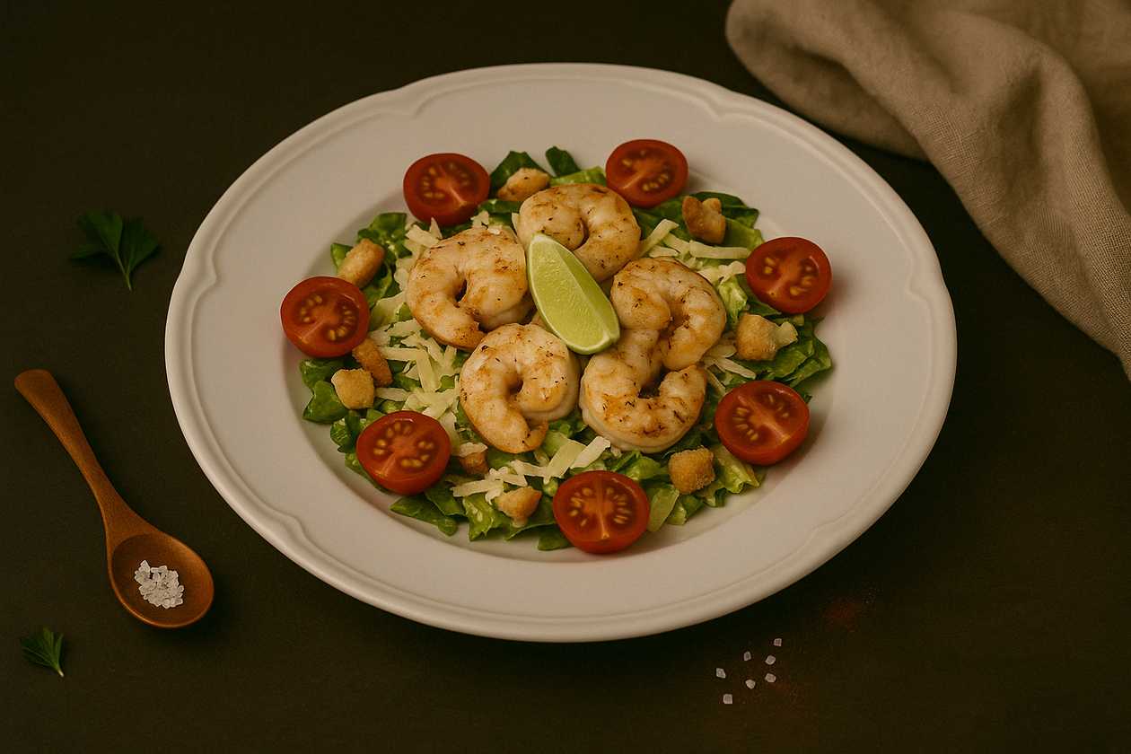 Caesar salad with grilled garlic shrimps