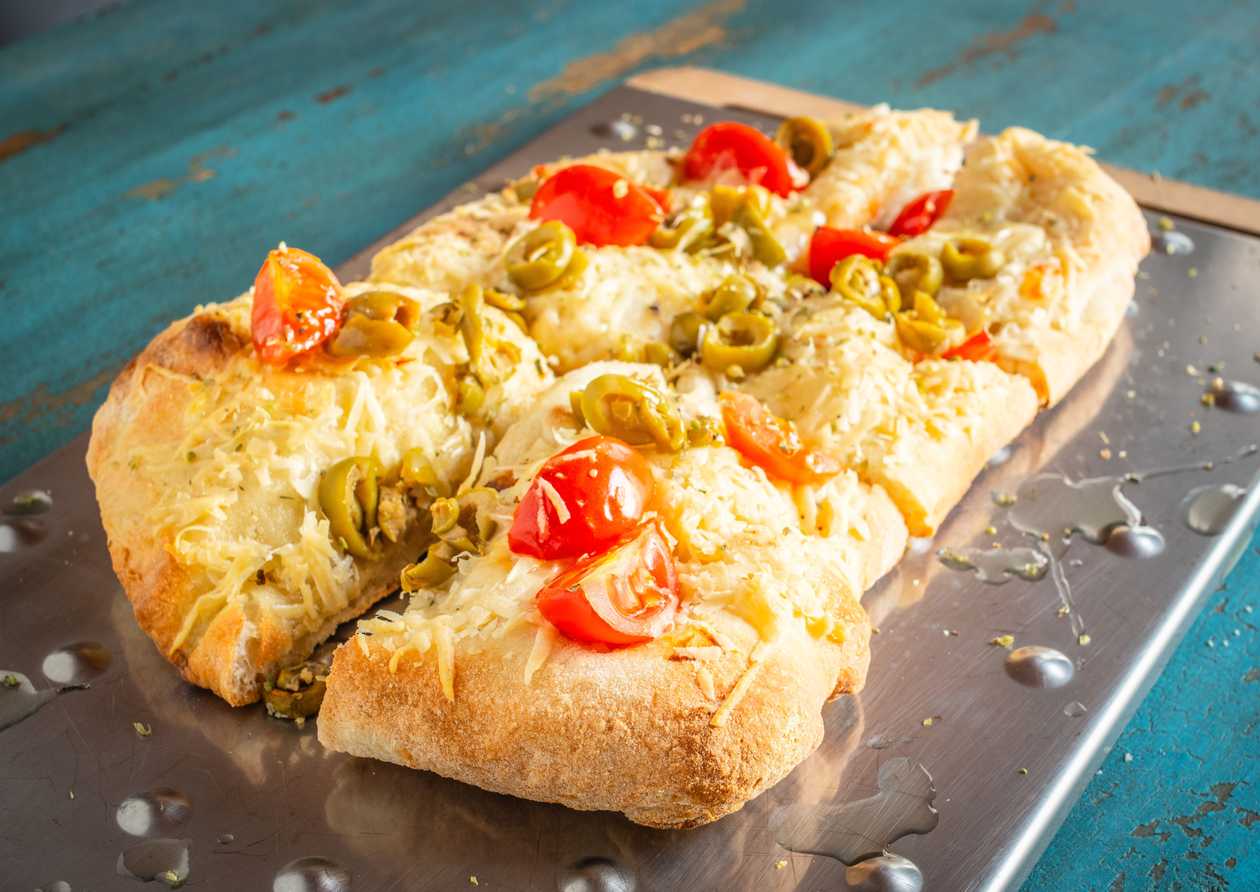 Focaccia with olives and cherry tomatoes