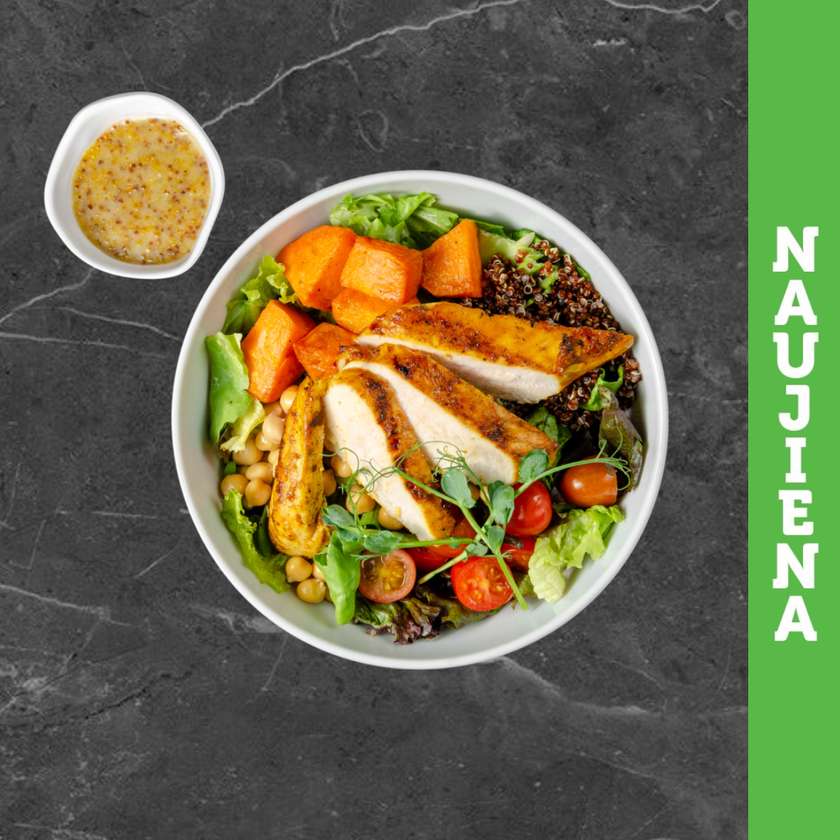 Salad with grilled chicken and baked sweet potatoes