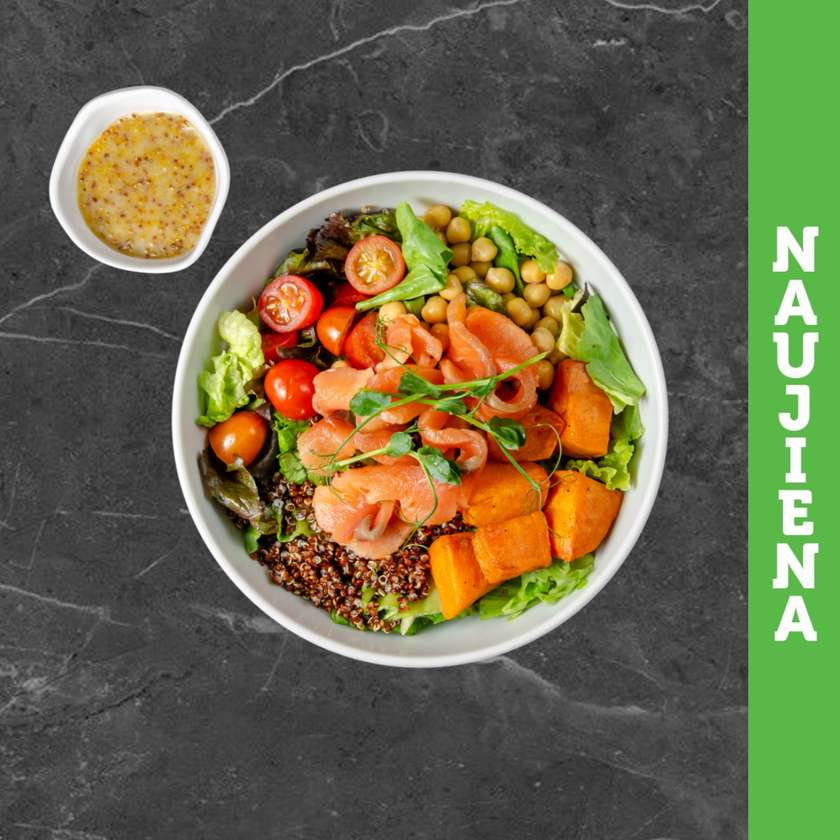 Salad with salted salmon and baked sweet potatoes